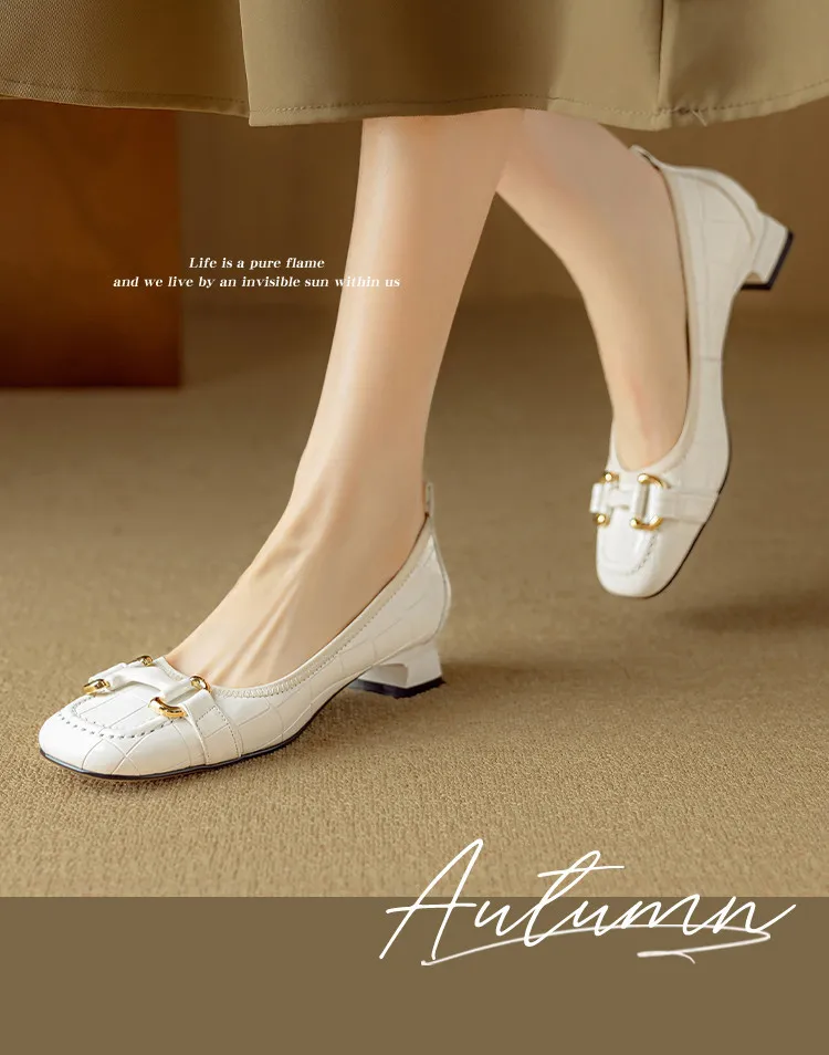 Spring/Summer Chunky Heel Mid-Heel Flats Square Toe Low-Cut Sheepskin Fashion Women's Shoes Black and White