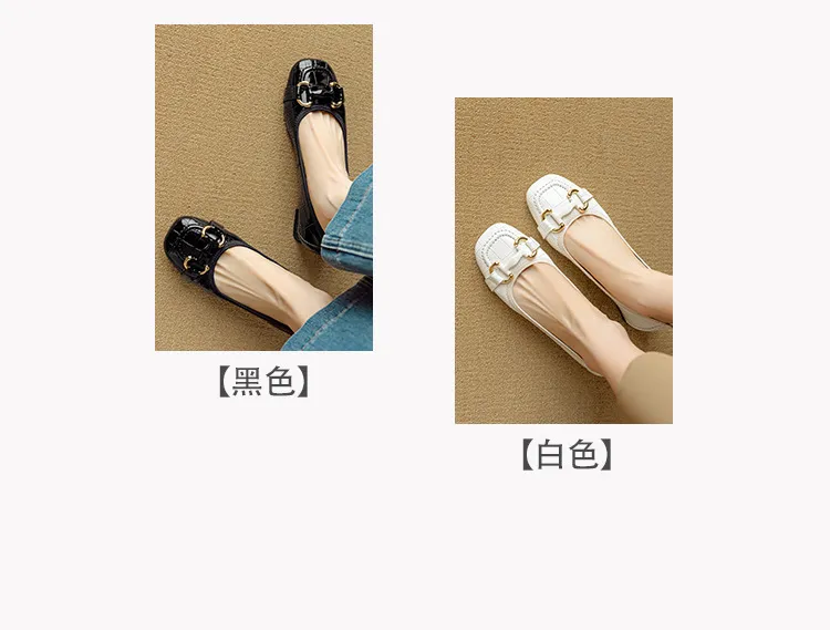 Spring/Summer Chunky Heel Mid-Heel Flats Square Toe Low-Cut Sheepskin Fashion Women's Shoes Black and White