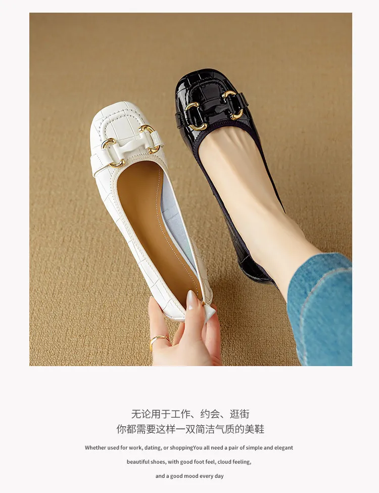 Spring/Summer Chunky Heel Mid-Heel Flats Square Toe Low-Cut Sheepskin Fashion Women's Shoes Black and White
