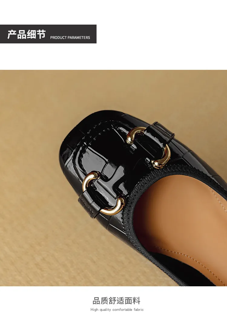 Spring/Summer Chunky Heel Mid-Heel Flats Square Toe Low-Cut Sheepskin Fashion Women's Shoes Black and White