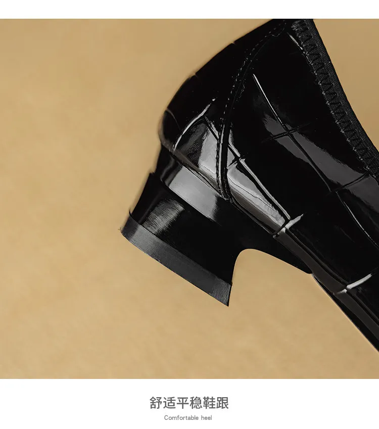 Spring/Summer Chunky Heel Mid-Heel Flats Square Toe Low-Cut Sheepskin Fashion Women's Shoes Black and White