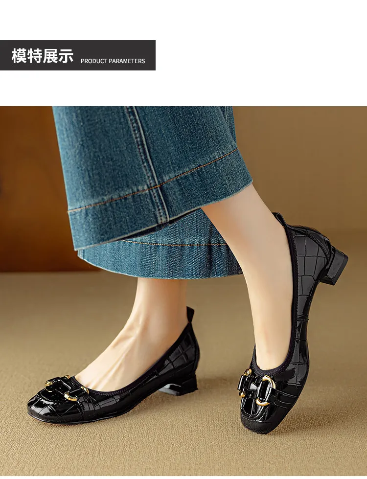 Spring/Summer Chunky Heel Mid-Heel Flats Square Toe Low-Cut Sheepskin Fashion Women's Shoes Black and White