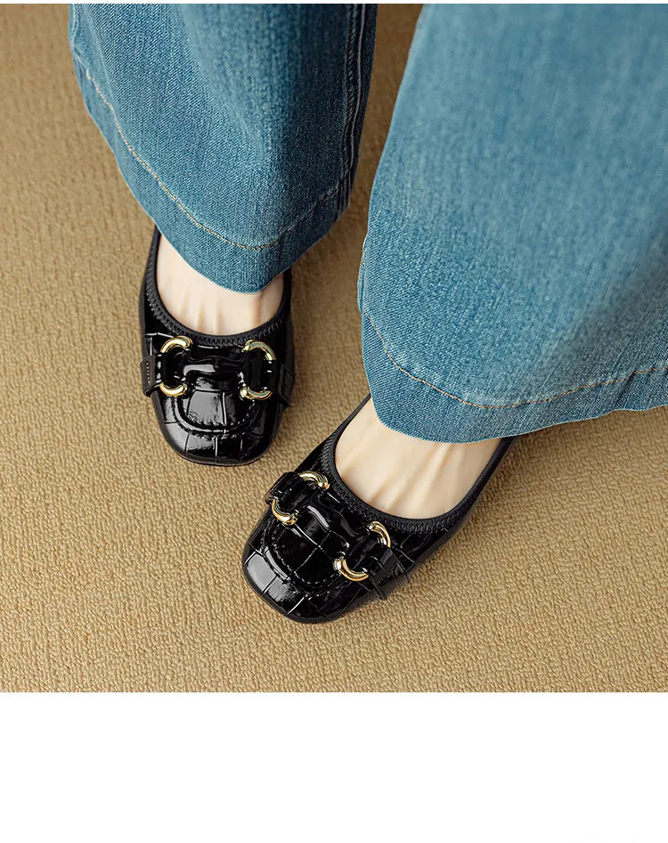 Spring/Summer Chunky Heel Mid-Heel Flats Square Toe Low-Cut Sheepskin Fashion Women's Shoes Black and White