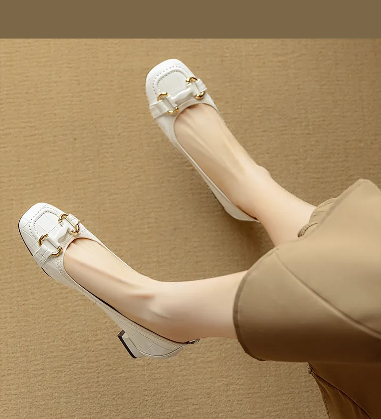 Spring/Summer Chunky Heel Mid-Heel Flats Square Toe Low-Cut Sheepskin Fashion Women's Shoes Black and White