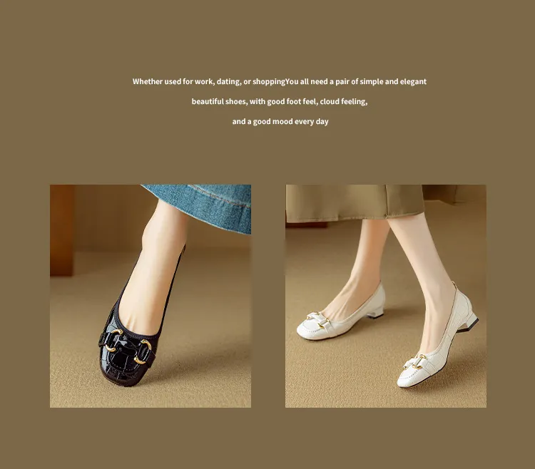 Spring/Summer Chunky Heel Mid-Heel Flats Square Toe Low-Cut Sheepskin Fashion Women's Shoes Black and White
