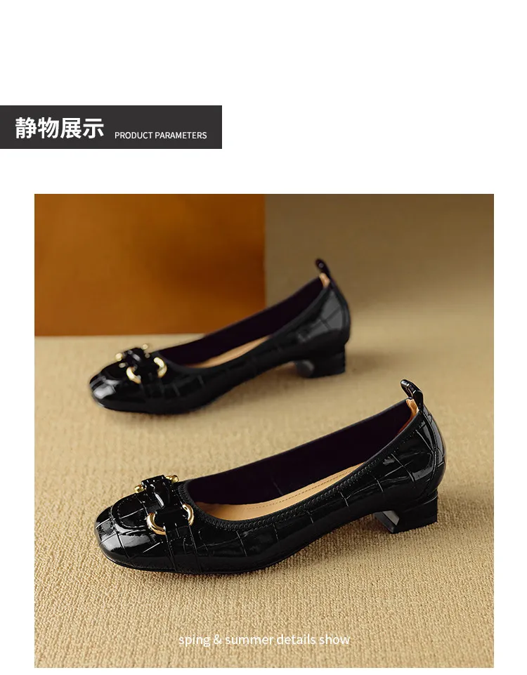 Spring/Summer Chunky Heel Mid-Heel Flats Square Toe Low-Cut Sheepskin Fashion Women's Shoes Black and White