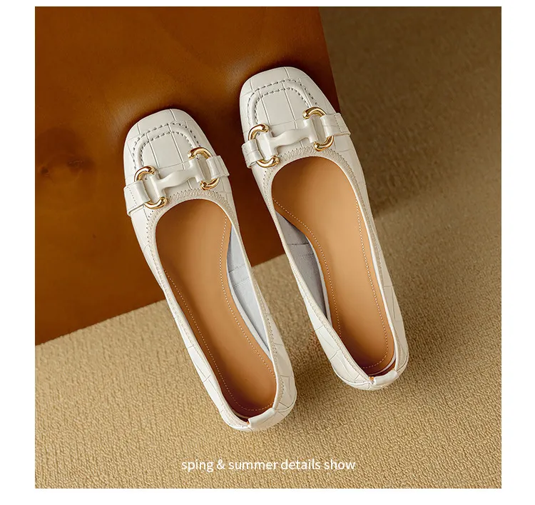 Spring/Summer Chunky Heel Mid-Heel Flats Square Toe Low-Cut Sheepskin Fashion Women's Shoes Black and White