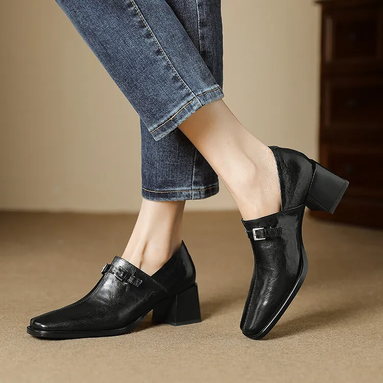 Spring single shoes, square toe, chunky heel, high heel, cuff, deep-cut fashion women's shoes, 22-25g