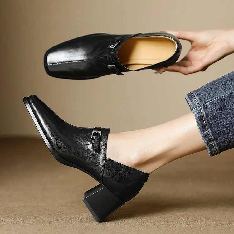 Spring single shoes, square toe, chunky heel, high heel, cuff, deep-cut fashion women's shoes, 22-25g