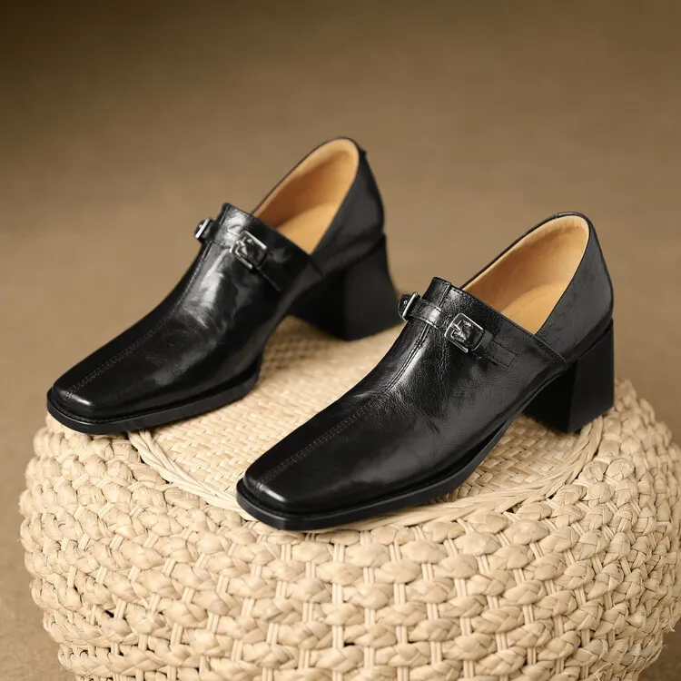 Spring single shoes, square toe, chunky heel, high heel, cuff, deep-cut fashion women's shoes, 22-25g