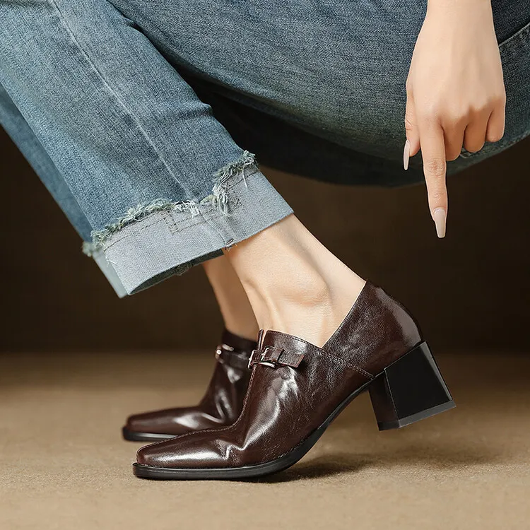 Spring single shoes, square toe, chunky heel, high heel, cuff, deep-cut fashion women's shoes, 22-25g