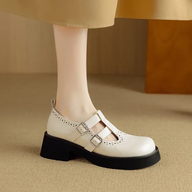 Spring and Autumn Round Toe Thick Sole Chunky Heel High Heel Single Shoes Women's Classic Leather Shoes