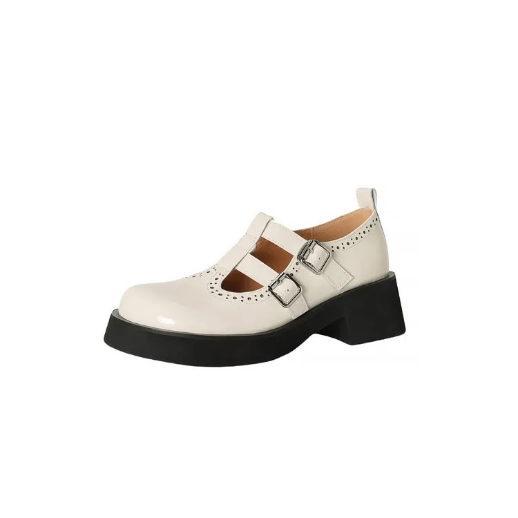 Spring and Autumn Round Toe Thick Sole Chunky Heel High Heel Single Shoes Women's Classic Leather Shoes