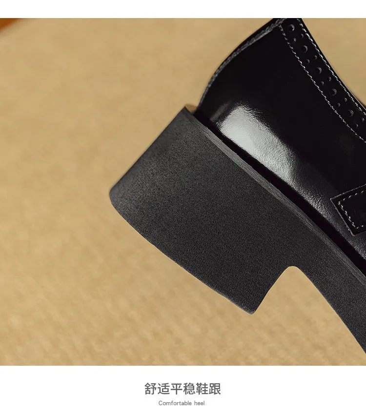 Spring and Autumn Round Toe Thick Sole Chunky Heel High Heel Single Shoes Women's Classic Leather Shoes