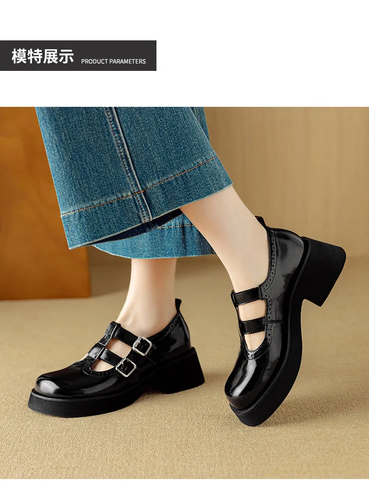 Spring and Autumn Round Toe Thick Sole Chunky Heel High Heel Single Shoes Women's Classic Leather Shoes