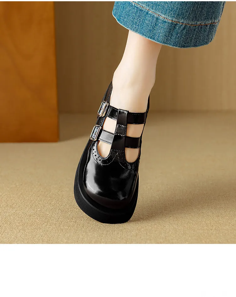 Spring and Autumn Round Toe Thick Sole Chunky Heel High Heel Single Shoes Women's Classic Leather Shoes