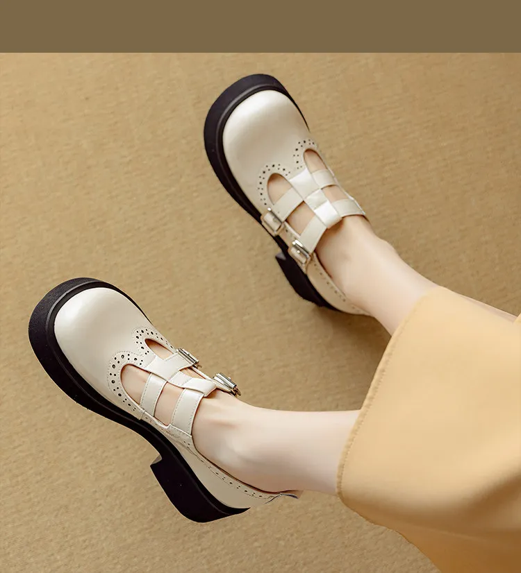Spring and Autumn Round Toe Thick Sole Chunky Heel High Heel Single Shoes Women's Classic Leather Shoes