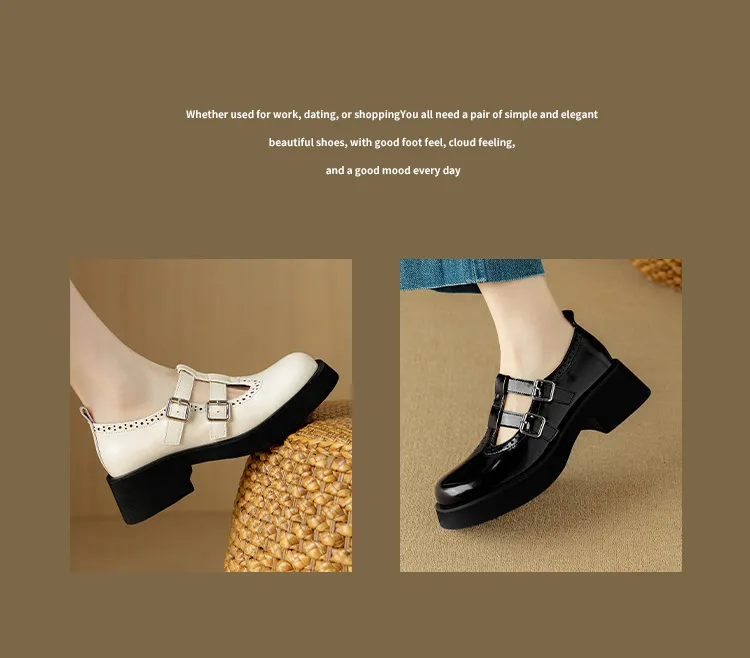 Spring and Autumn Round Toe Thick Sole Chunky Heel High Heel Single Shoes Women's Classic Leather Shoes