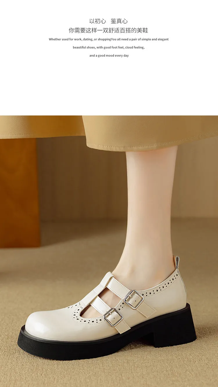 Spring and Autumn Round Toe Thick Sole Chunky Heel High Heel Single Shoes Women's Classic Leather Shoes