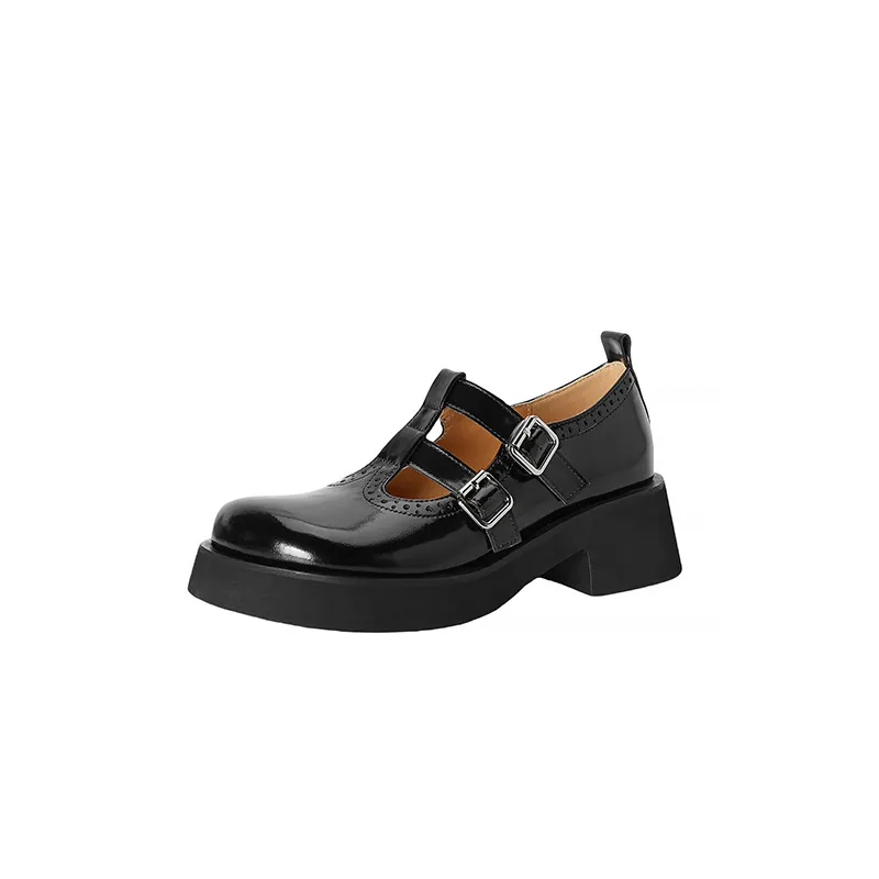 Spring and Autumn Round Toe Thick Sole Chunky Heel High Heel Single Shoes Women's Classic Leather Shoes