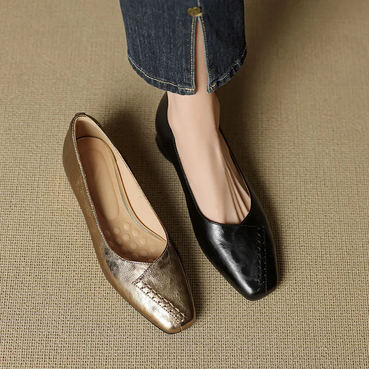 Spring/Summer low-cut square-toe fashion women's shoes, chunky heel, mid-heel, gold and black, sizes 22-25f