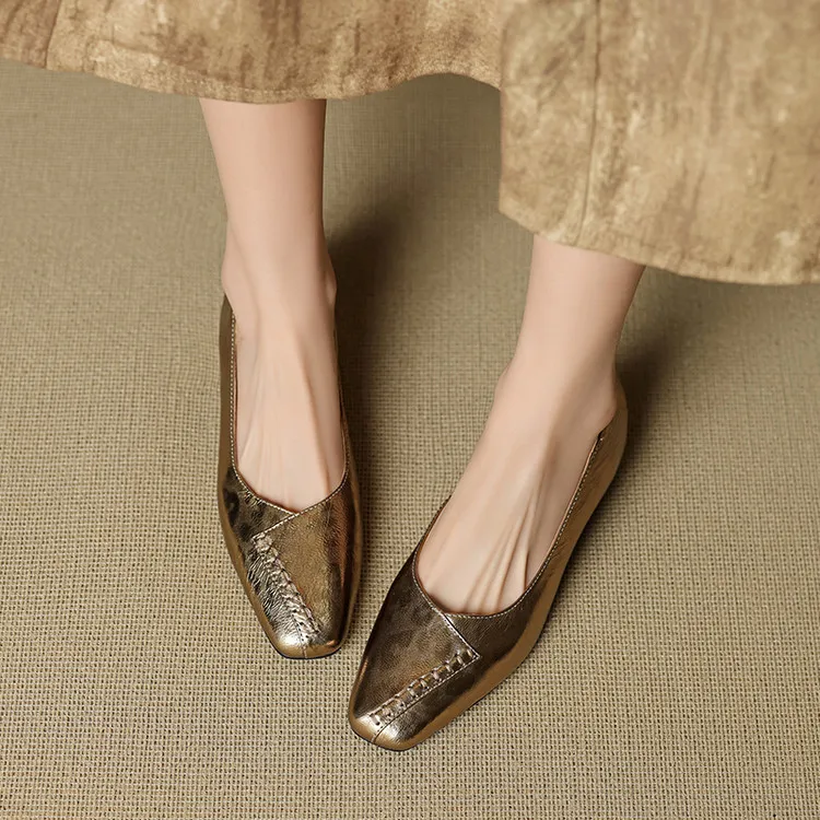 Spring/Summer low-cut square-toe fashion women's shoes, chunky heel, mid-heel, gold and black, sizes 22-25f