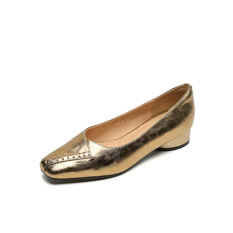 Spring/Summer low-cut square-toe fashion women's shoes, chunky heel, mid-heel, gold and black, sizes 22-25f