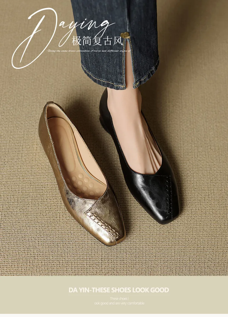 Spring/Summer low-cut square-toe fashion women's shoes, chunky heel, mid-heel, gold and black, sizes 22-25f
