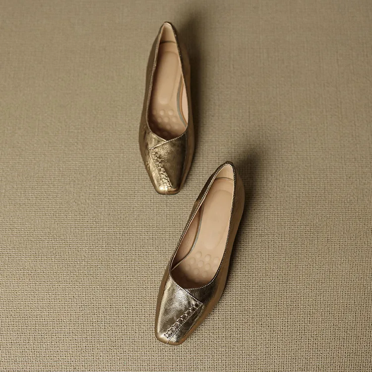 Spring/Summer low-cut square-toe fashion women's shoes, chunky heel, mid-heel, gold and black, sizes 22-25f