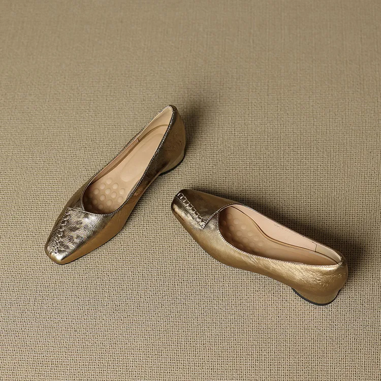Spring/Summer low-cut square-toe fashion women's shoes, chunky heel, mid-heel, gold and black, sizes 22-25f