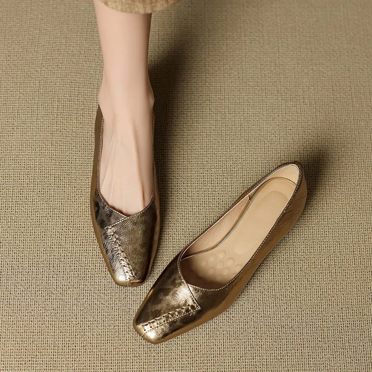 Spring/Summer low-cut square-toe fashion women's shoes, chunky heel, mid-heel, gold and black, sizes 22-25f