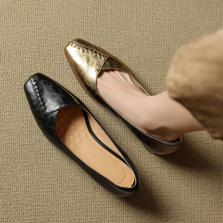 Spring/Summer low-cut square-toe fashion women's shoes, chunky heel, mid-heel, gold and black, sizes 22-25f