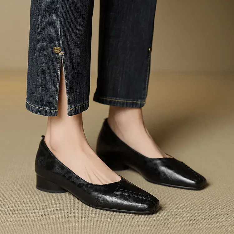Spring/Summer low-cut square-toe fashion women's shoes, chunky heel, mid-heel, gold and black, sizes 22-25f