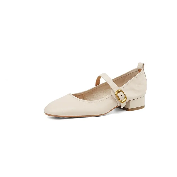 Soft, top-grain sheepskin Mary Jane shoes with chunky heels, flat soles, round toes, and low heels – gentle and elegant women's shoes for evening wear.