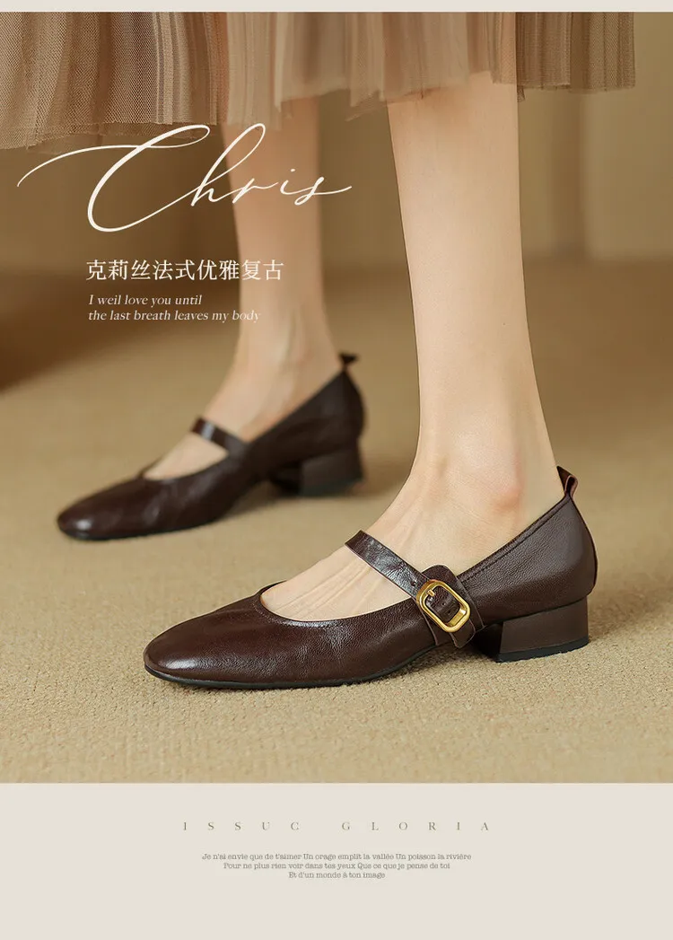 Soft, top-grain sheepskin Mary Jane shoes with chunky heels, flat soles, round toes, and low heels – gentle and elegant women's shoes for evening wear.
