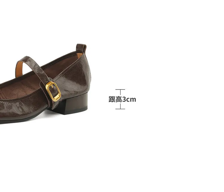 Soft, top-grain sheepskin Mary Jane shoes with chunky heels, flat soles, round toes, and low heels – gentle and elegant women's shoes for evening wear.