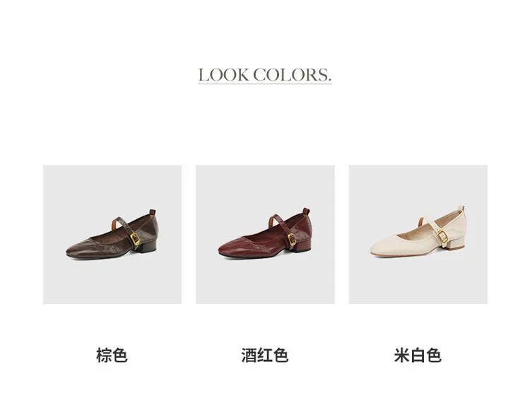 Soft, top-grain sheepskin Mary Jane shoes with chunky heels, flat soles, round toes, and low heels – gentle and elegant women's shoes for evening wear.