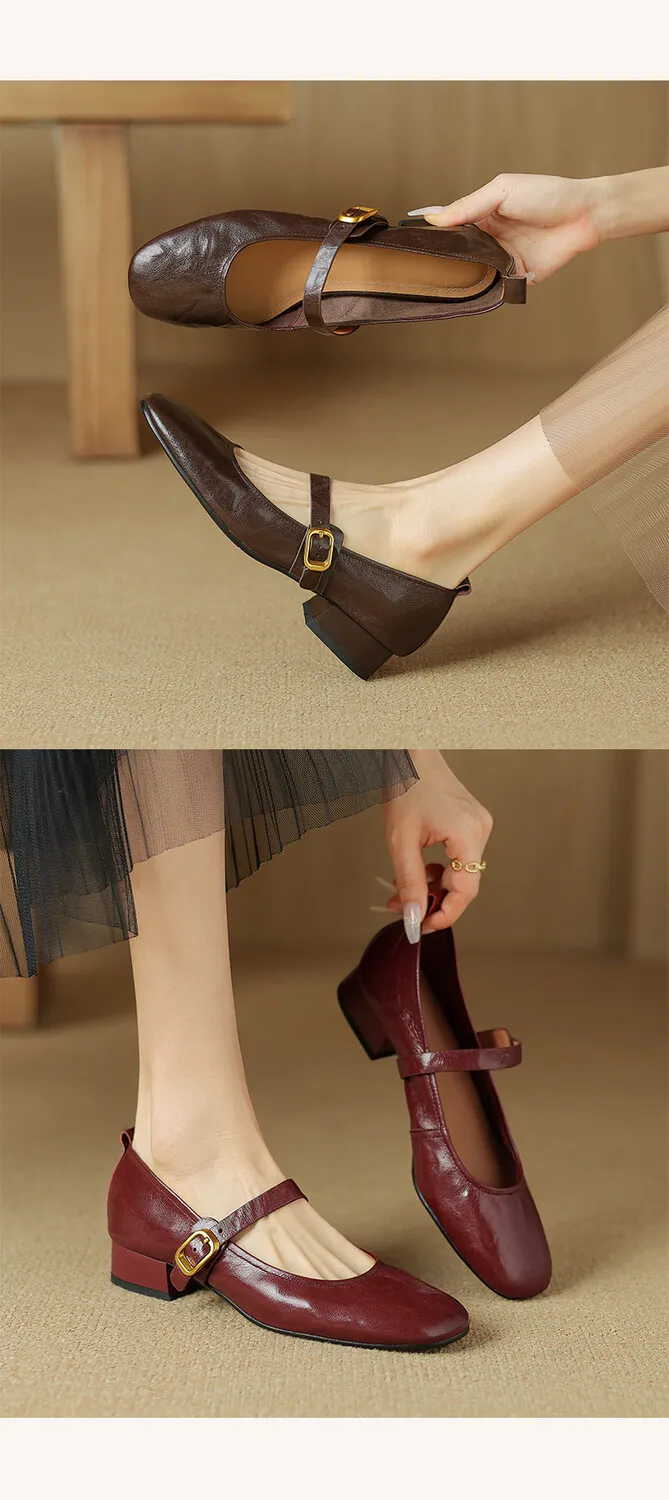 Soft, top-grain sheepskin Mary Jane shoes with chunky heels, flat soles, round toes, and low heels – gentle and elegant women's shoes for evening wear.