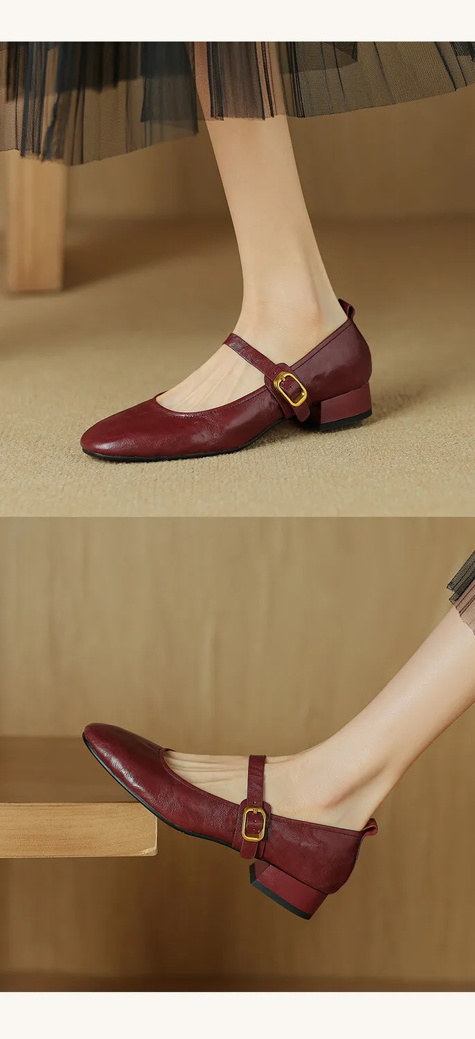 Soft, top-grain sheepskin Mary Jane shoes with chunky heels, flat soles, round toes, and low heels – gentle and elegant women's shoes for evening wear.