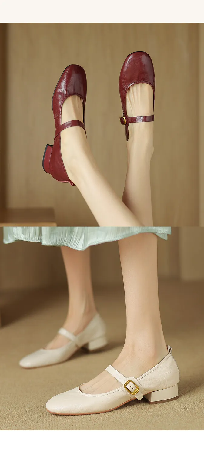 Soft, top-grain sheepskin Mary Jane shoes with chunky heels, flat soles, round toes, and low heels – gentle and elegant women's shoes for evening wear.