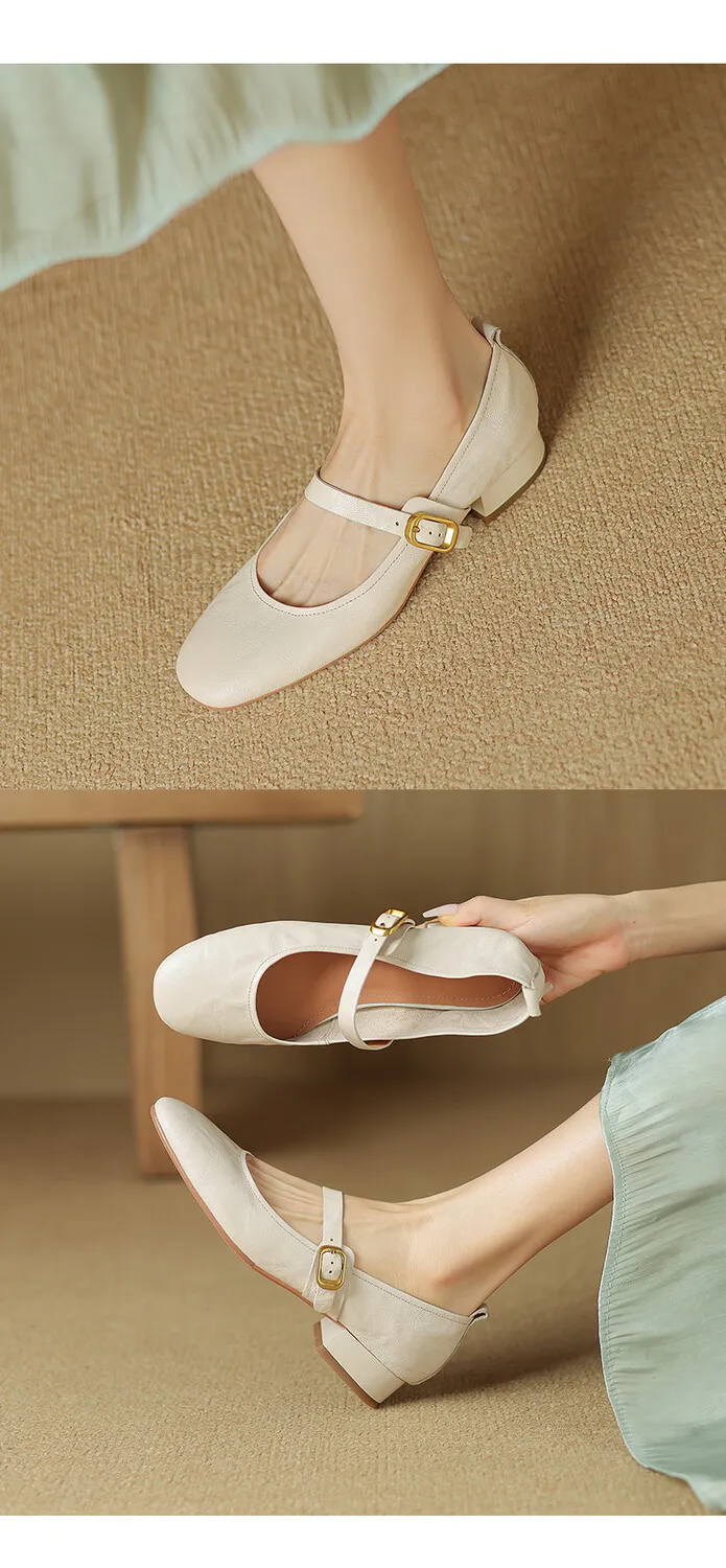 Soft, top-grain sheepskin Mary Jane shoes with chunky heels, flat soles, round toes, and low heels – gentle and elegant women's shoes for evening wear.
