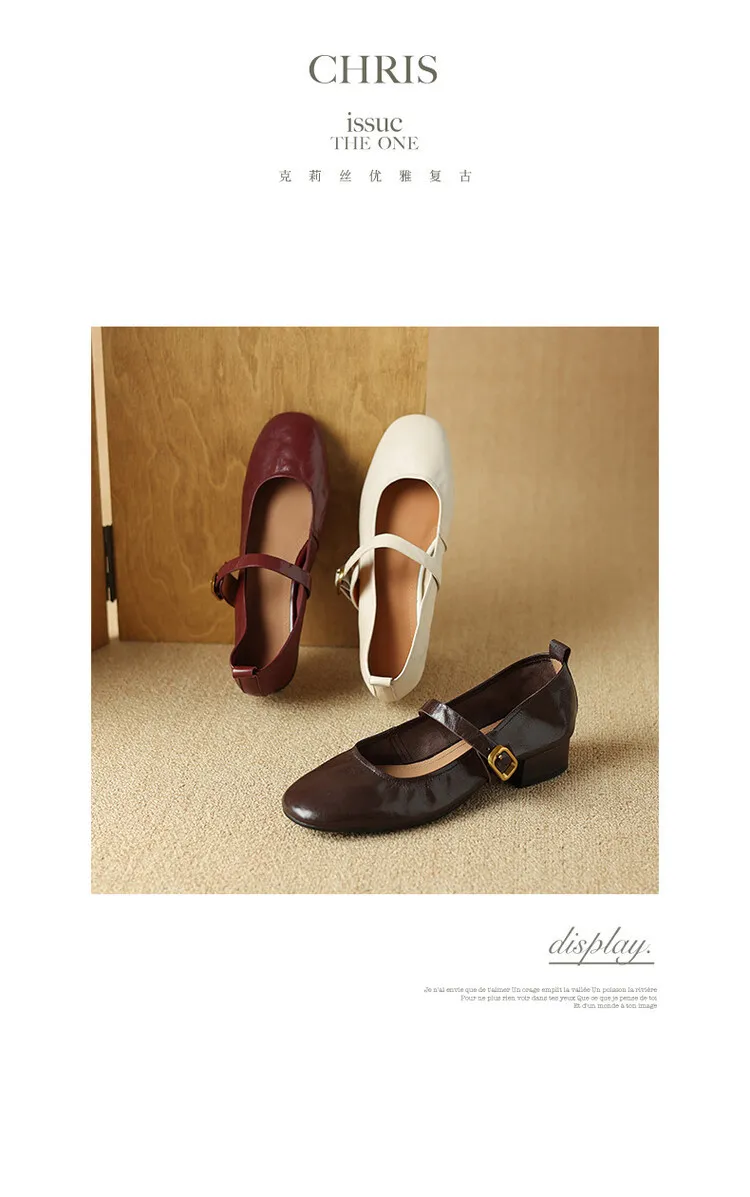 Soft, top-grain sheepskin Mary Jane shoes with chunky heels, flat soles, round toes, and low heels – gentle and elegant women's shoes for evening wear.