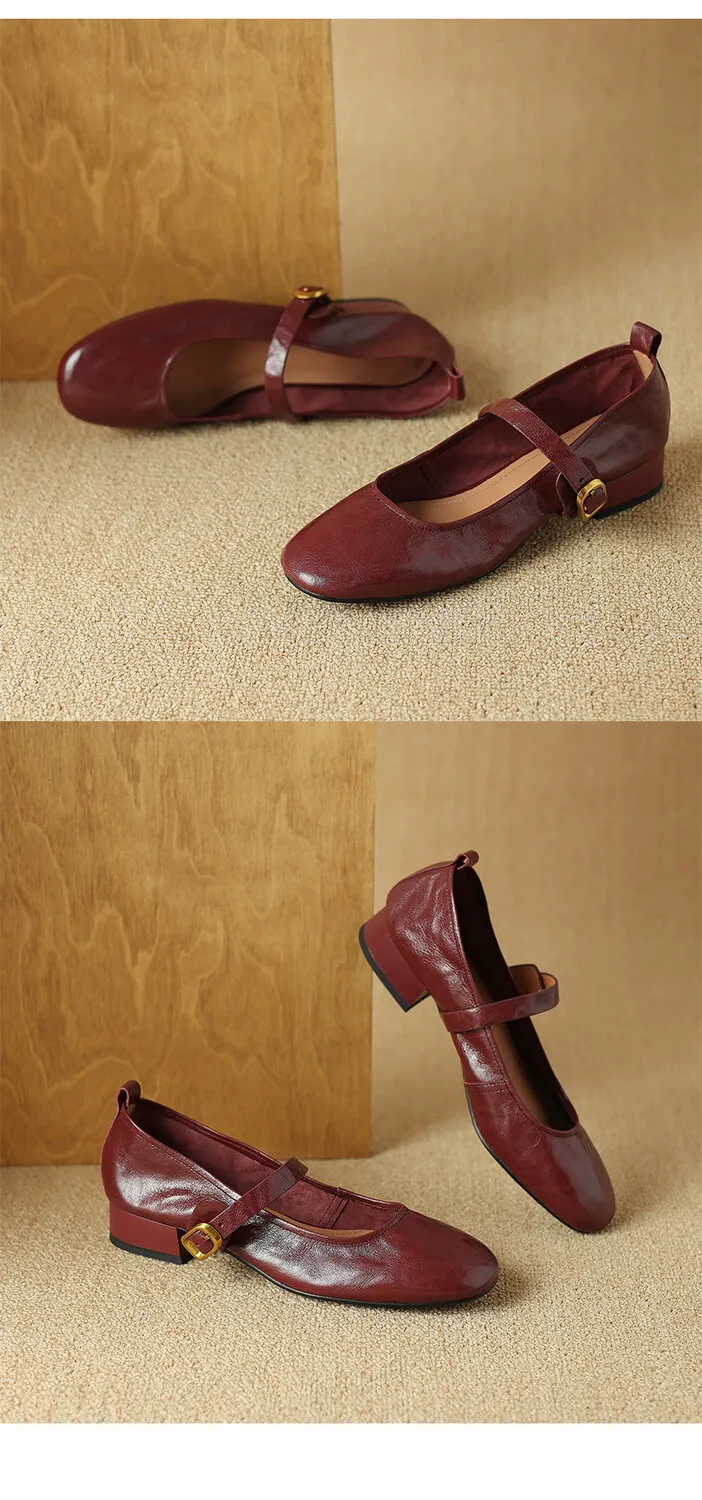 Soft, top-grain sheepskin Mary Jane shoes with chunky heels, flat soles, round toes, and low heels – gentle and elegant women's shoes for evening wear.