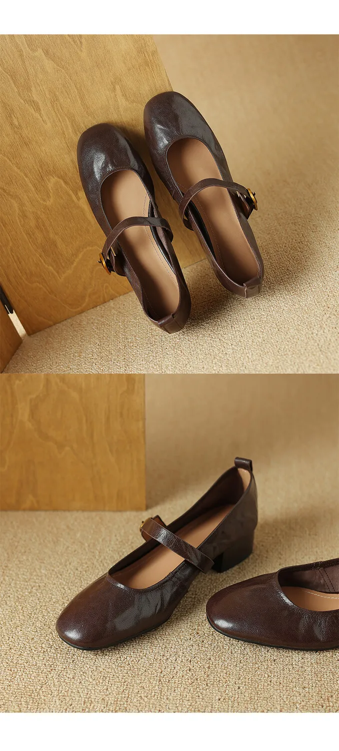 Soft, top-grain sheepskin Mary Jane shoes with chunky heels, flat soles, round toes, and low heels – gentle and elegant women's shoes for evening wear.