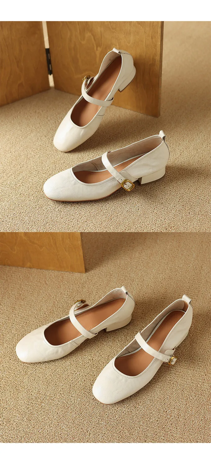 Soft, top-grain sheepskin Mary Jane shoes with chunky heels, flat soles, round toes, and low heels – gentle and elegant women's shoes for evening wear.