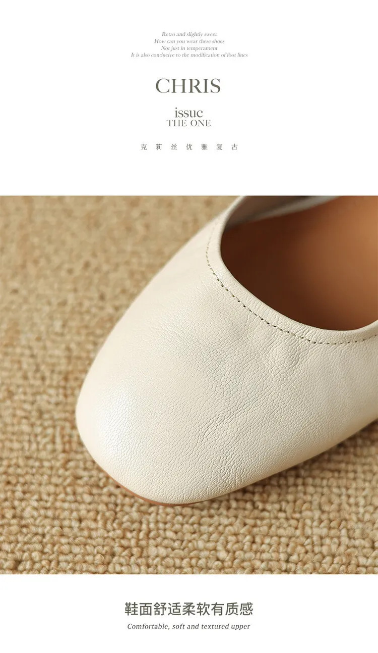 Soft, top-grain sheepskin Mary Jane shoes with chunky heels, flat soles, round toes, and low heels – gentle and elegant women's shoes for evening wear.