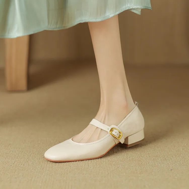 Soft, top-grain sheepskin Mary Jane shoes with chunky heels, flat soles, round toes, and low heels – gentle and elegant women's shoes for evening wear.