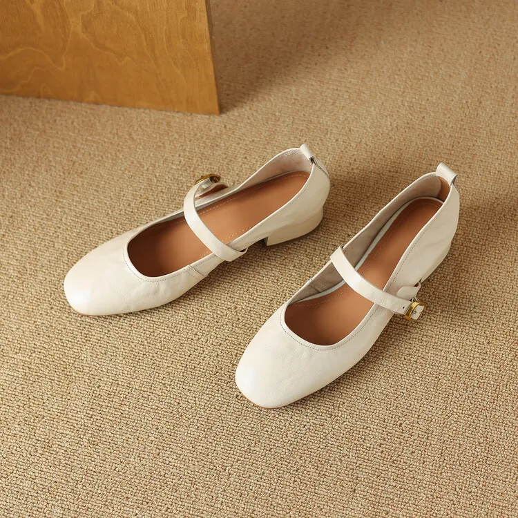 Soft, top-grain sheepskin Mary Jane shoes with chunky heels, flat soles, round toes, and low heels – gentle and elegant women's shoes for evening wear.