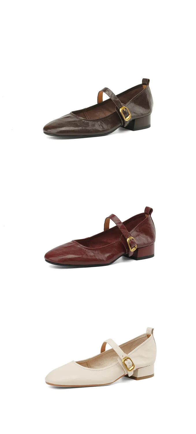 Soft, top-grain sheepskin Mary Jane shoes with chunky heels, flat soles, round toes, and low heels – gentle and elegant women's shoes for evening wear.