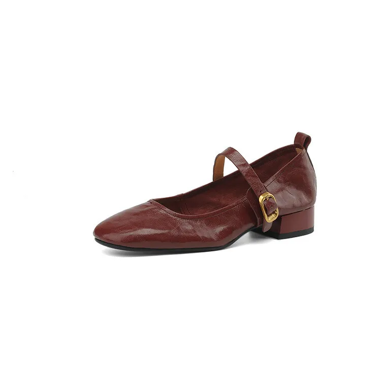 Soft, top-grain sheepskin Mary Jane shoes with chunky heels, flat soles, round toes, and low heels – gentle and elegant women's shoes for evening wear.